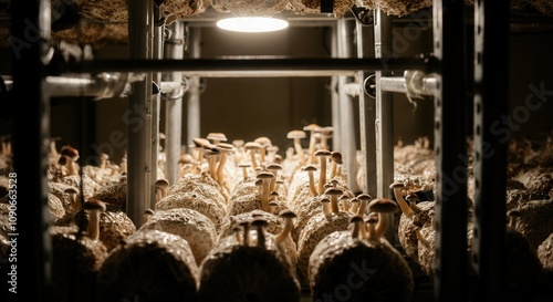 Cultivating mushrooms in dark industrial greenhouse photo