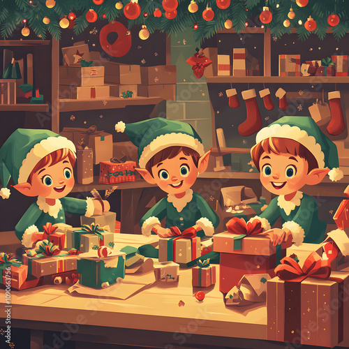 Illustration of Christmas elves working in a shop