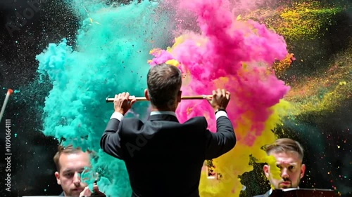 A conductor leads an orchestra, with colorful powder exploding above, symbolizing creativity.