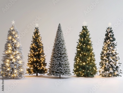 Many Christmas trees decorated with gold and silver lights.