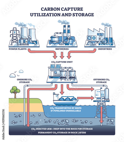 Carbon capture involves capturing CO2 from power plants, refineries, and industries, then storing it onshore or offshore. Outline diagram