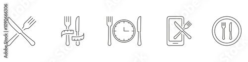 Diet and Meal Management Line Icon Set, Featuring Cutlery, Time, and Mobile Tracking Symbols. Meal Timing Concept. Editable Stroke. Isolated Vector Illustration