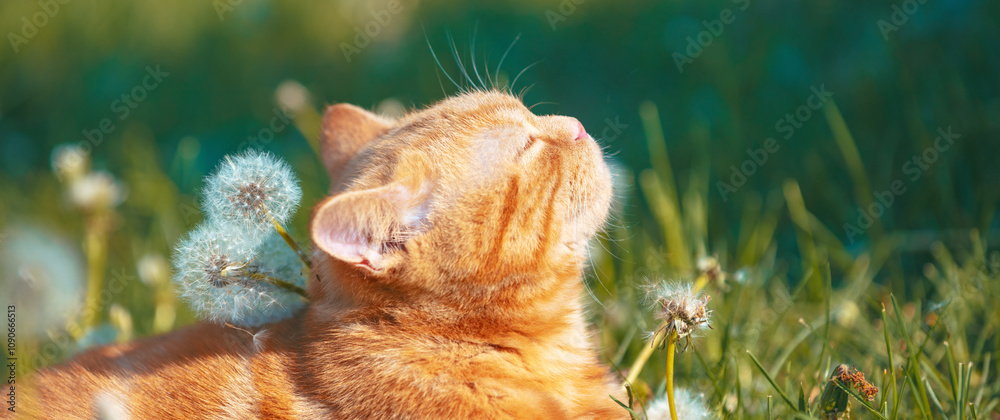 Portrait of a little kitten lying on the dandelion lawn. Cat enjoying spring. Horizontal banner