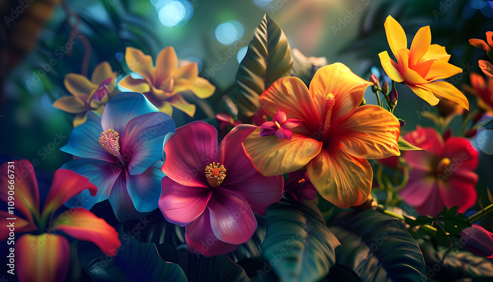 Fototapeta premium A vibrant arrangement of tropical flowers, featuring blue, pink, orange, and yellow blooms surrounded by lush green leaves, creating a joyful atmosphere.