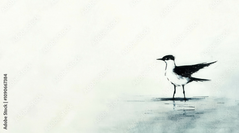 Obraz premium Elegant Japanese Minimalist Brush Painting of a Bird Standing Gracefully in a Serene, Soft Background Portraying Tranquility and Nature's Beauty