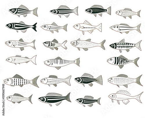 Various Illustrations of Fish Species in Black and White Style Featuring Different Shapes and Patterns for Artistic and Educational Use in Nature and Design Projects