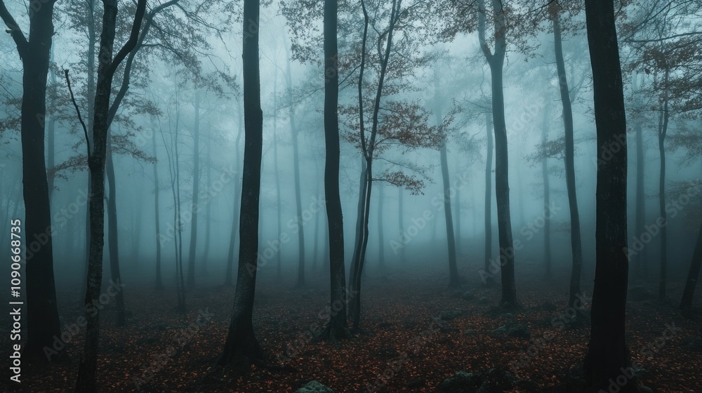 Fototapeta premium Forest with trees in the background and a foggy sky. Scene is mysterious and eerie Nature