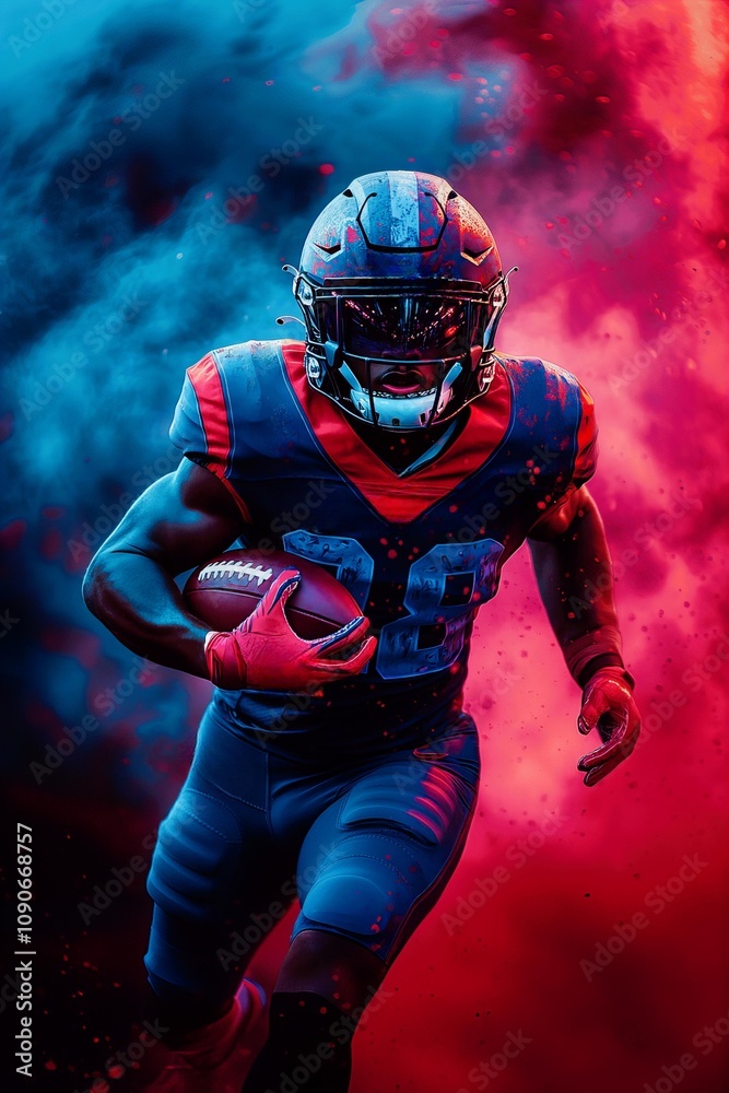Fototapeta premium Dynamic american football player in action amidst vibrant red and blue smoke display