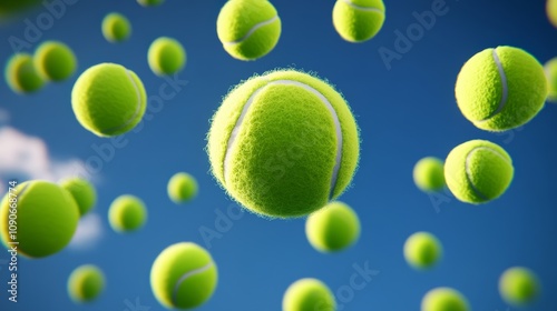 Bunch of tennis balls are flying through the air. Concept of motion and energy, as if the balls are in mid-air during a tennis match