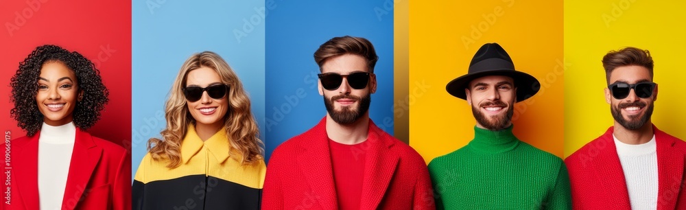 Obraz premium A group of people wearing sunglasses and hats are smiling for the camera. Concept of fun and lightheartedness, as the group appears to be posing for a photo together. The bright colors of the clothing