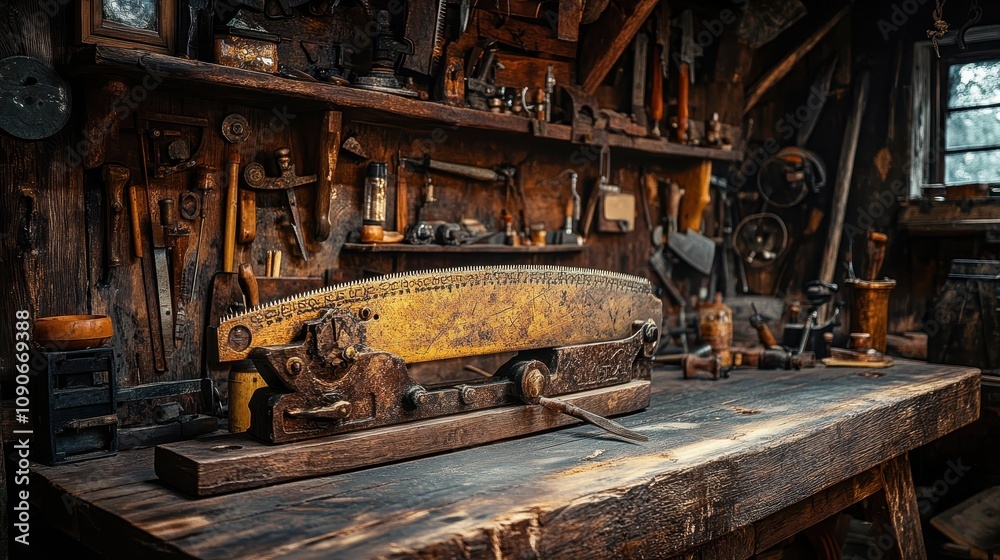 Fototapeta premium Antique Woodworking Tools Vintage Workshop Old Saw Rustic Craftsmanship