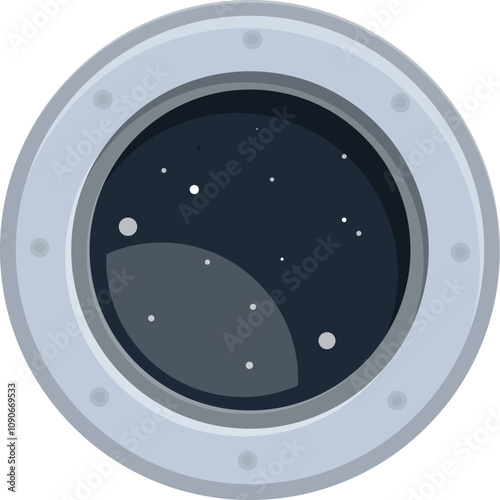 Round spaceship window revealing a breathtaking view of a planet and stars, evoking the wonder of space travel