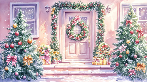 Holiday wreaths and garlands framing entryway in traditional decor, Festive Illustration