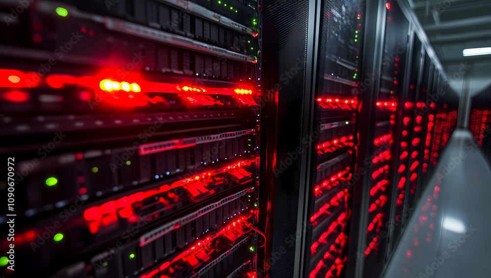 Obraz premium Close-up of an industrial server glowing in dark data center