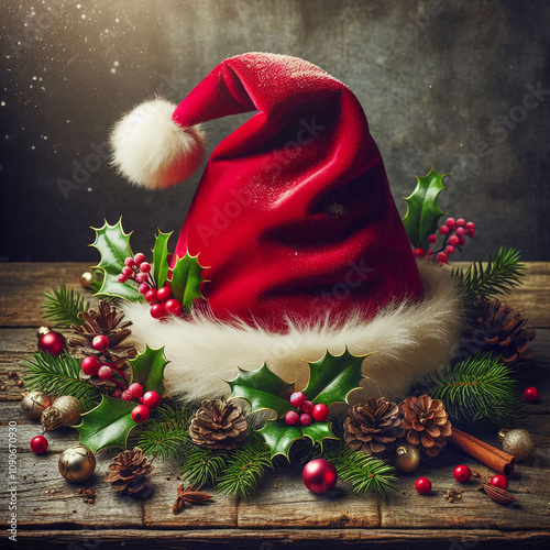 Festive, traditional Santa hat with holly, pine branches, berries on vintage background, representing Christmas holiday spirit concept