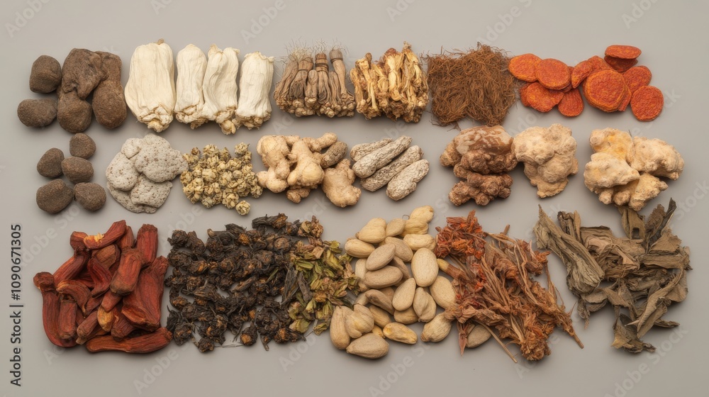 Obraz premium Dried Herbs and Roots Arranged in Rows on a Grey Background