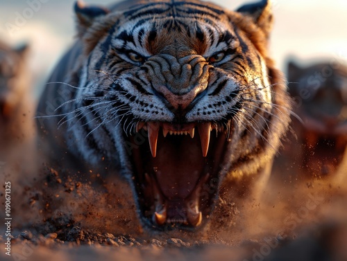 A powerful tiger roars ferociously, showcasing its strength and dominance as dust swirls around, making it a captivating emblem of nature's fierce beauty and wildness. photo