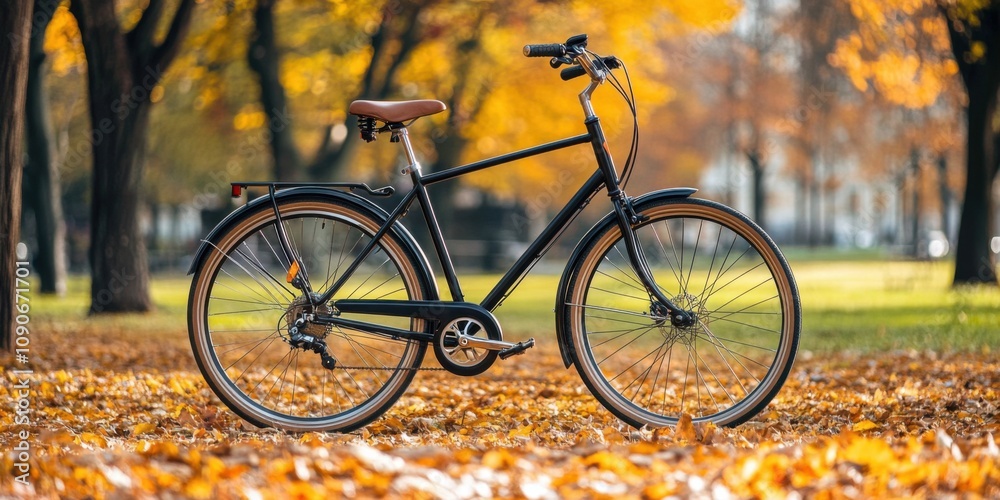 Fototapeta premium Stylish bike commuting through an urban park, eco-friendly transportation and active lifestyle,