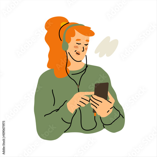 Young woman in headphones listening to music and dancing. Good mood and happiness. Listening to audio podcasts. Vector illustration isolated on transparent background.