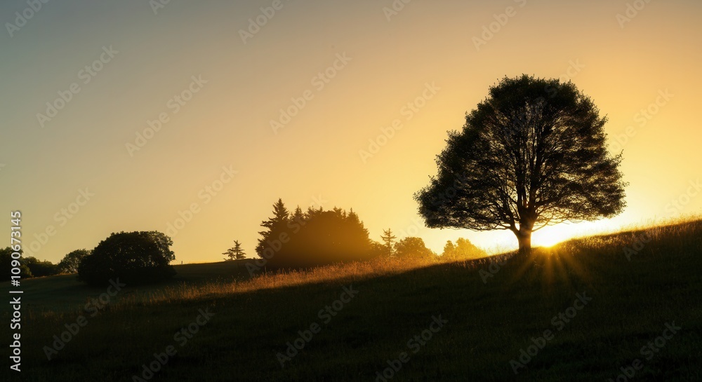 Obraz premium Serene sunset silhouette of lone tree on hillside