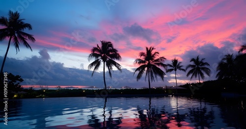Tropical sunset with vibrant palm silhouettes and serene reflections

