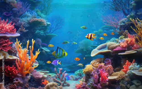 Wallpaper Mural Vibrant Underwater Scene Featuring Colorful Coral Reefs and Diverse Tropical Fish in a Clear Blue Ocean Environment Torontodigital.ca