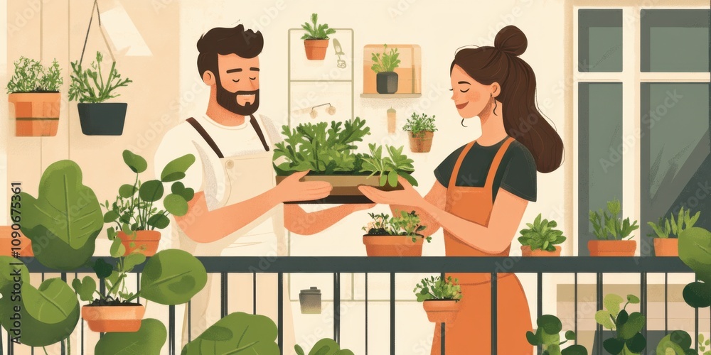 Fototapeta premium Young couple tending their balcony garden with fresh herbs and vegetables, city sustainability,