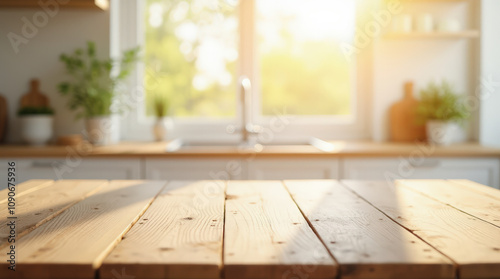 Modern Bright Kitchen Interior with Seasonal Wooden Table Decorations – Holiday, Autumn, and Minimalist Scenes