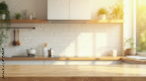 Modern Bright Kitchen Interior with Seasonal Wooden Table Decorations – Holiday, Autumn, and Minimalist Scenes