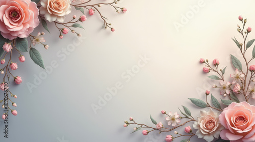 Elegant Floral Frame Background with Roses, Blossoms, and Pastel Tones - Perfect for Invitations, Greeting Cards, and Marketing Designs