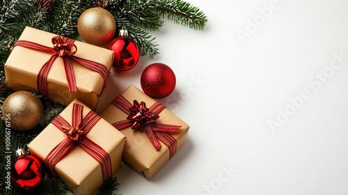 Christmas gifts and decorations on white backgroundChristmas gifts and decorations on white background photo