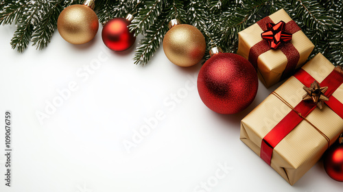 Christmas gifts and decorations on white backgroundChristmas gifts and decorations on white background photo