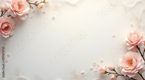 Elegant Floral Frame Background with Roses, Blossoms, and Pastel Tones - Perfect for Invitations, Greeting Cards, and Marketing Designs