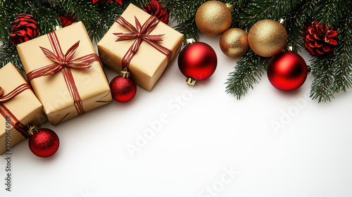 Christmas gifts and decorations on white backgroundChristmas gifts and decorations on white background photo