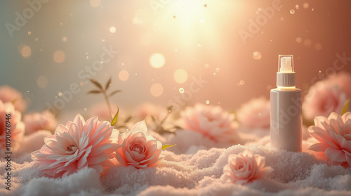 Elegant Luxury Skincare Product Photography with Minimalistic Design, Floral Backgrounds, and Premium Packaging Aesthetics