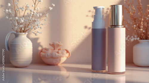 Elegant Luxury Skincare Product Photography with Minimalistic Design, Floral Backgrounds, and Premium Packaging Aesthetics