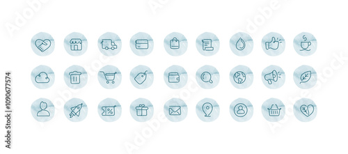 Online Shopping and Business Icons. Features essential e-commerce visuals such as payment, delivery, sustainability, marketing, and customer experience symbols.