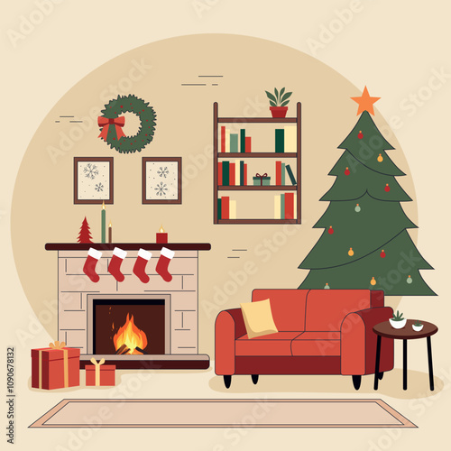 Cozy Christmas living room with a decorated fireplace, stockings, a Christmas tree, and gifts. A red sofa and bookshelves add warmth and festive charm, creating a perfect holiday atmosphere