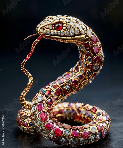 Snake-shaped jewelry made of red ruby and gold, snake on a black