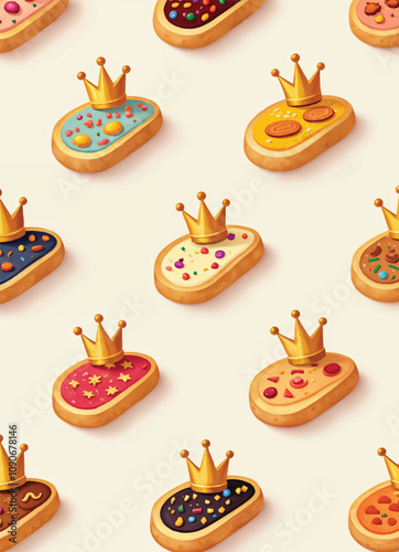 seamless pattern of rosca de reyes epiphany breads and golden crowns with fruits and sprinkles on it