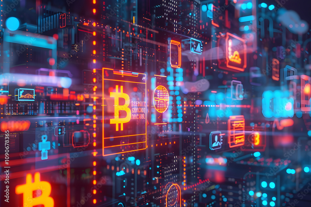 Fototapeta premium A vibrant digital representation of cryptocurrency technology featuring glowing Bitcoin symbols and data visuals, set against a futuristic backdrop.