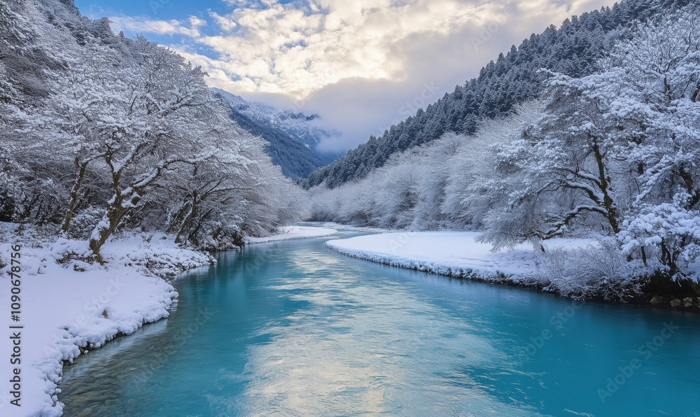 Snow-covered river landscape with turquoise water, winter scenery, trees, mountains, and cloudy sky
