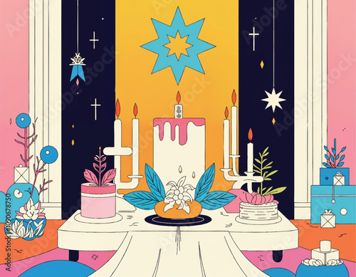 a vector drawing of an epiphany altar table with a cake and candles with star ornaments on it