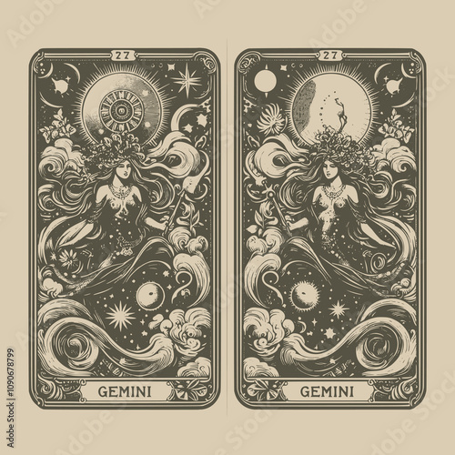 gemini ouija tarot playing card in gothic style