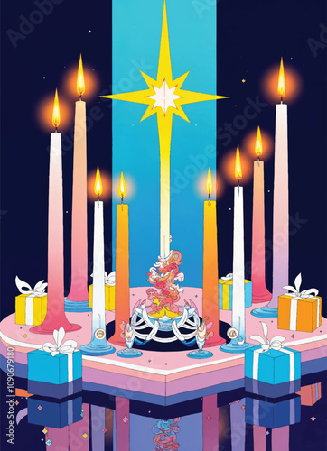 a vector poster for the epiphany christmas season with star ornaments and candles with gift boxes
