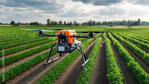 A drone flying over a green field of crops, used for agricultural monitoring.
