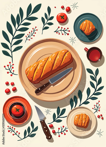 a vector poster of a decorated table with a rosca de reyes epiphany loaf and a knife on it