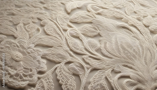 Close-up of fine lace fabric, intricate realistic patterns, soft lighting, delicate textures, high resolution
