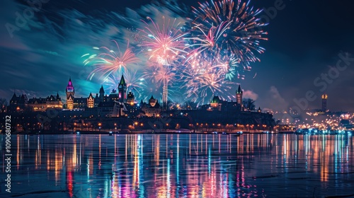 A stunning display of fireworks over a city skyline, reflecting in the frozen water.