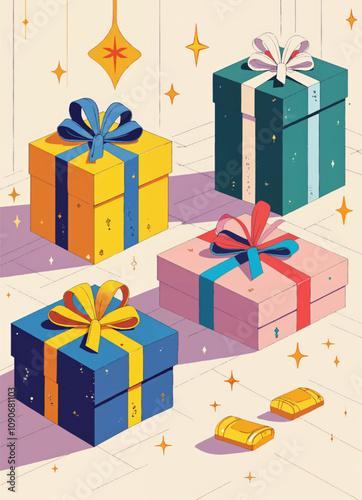 a cartoon illustration of epiphany gift boxes with colorful ribbon bow tied on it